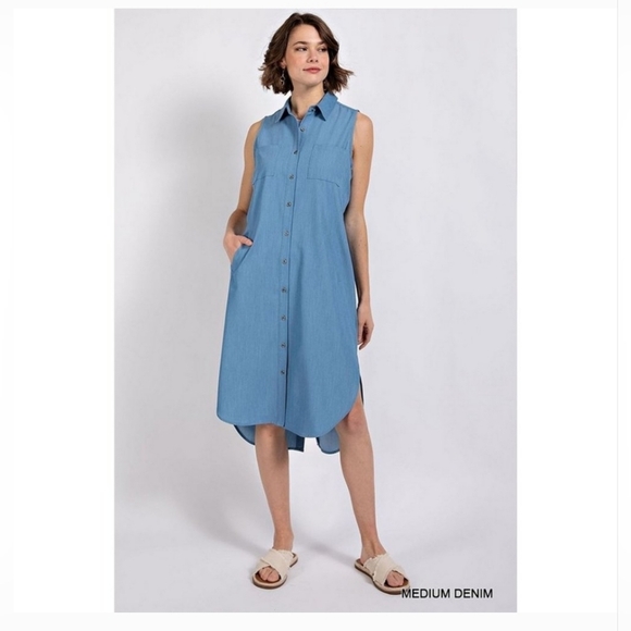 NEW!!! Gigio Sleeveless Denim Shirt Dress, With Pockets Sz Large, NWT - Picture 1 of 10